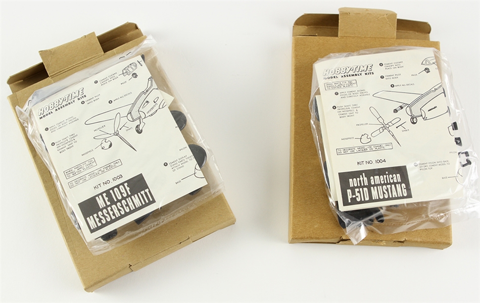 1950s-60s Me 109F Messerschmitt & P-51D Mustang Hobby Time Model Airplane Kits 1003 & 1004 - Lot of 2 Unassembled in Original Bags