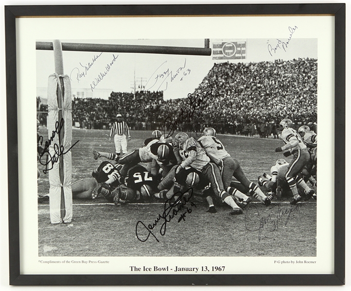 1967 Green Bay Packers Multi Signed 15" x 17" Framed Green Bay Press Gazette Ice Bowl Photo w/ 9 Signatures Including Bart Starr, Ray Nitschke & More (JSA)