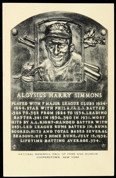 1953-63 Al Simmons Philadelphia Athletics White ArtVue Hall of Fame Postcard