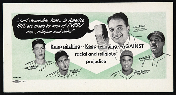 1947 circa Jackie Robinson Joe DiMaggio Sid Gordon Bob Feller Mel Allen 3.25" x 6.25" Anti Prejudice Card