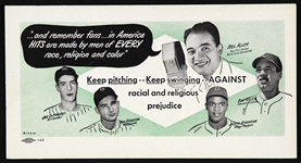 1947 circa Jackie Robinson Joe DiMaggio Sid Gordon Bob Feller Mel Allen 3.25" x 6.25" Anti Prejudice Card