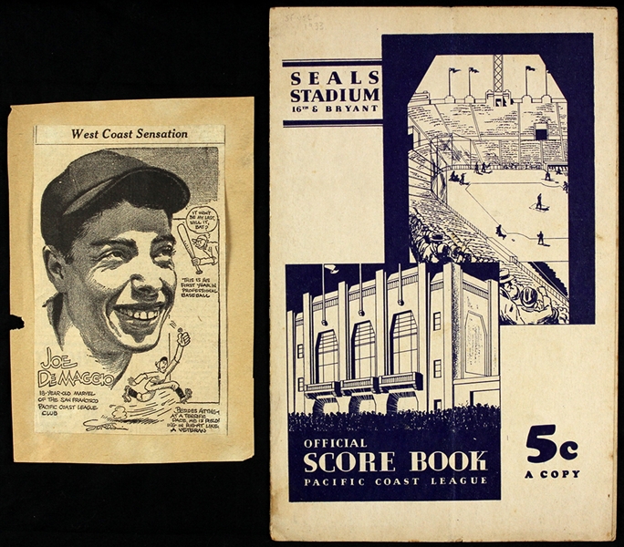 1933 Joe DiMaggio San Francisco Seals PCL Memorabilia Collection - Lot of 2 w/ Scored Seals Stadium Scorebook & Newspaper Depiction