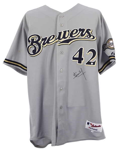 2007 (April 15) Carlos Villanueva Milwaukee Brewers Signed Jacke Robinson Day Game Worn Road Jersey (MEARS LOA/JSA/MLB Hologram)