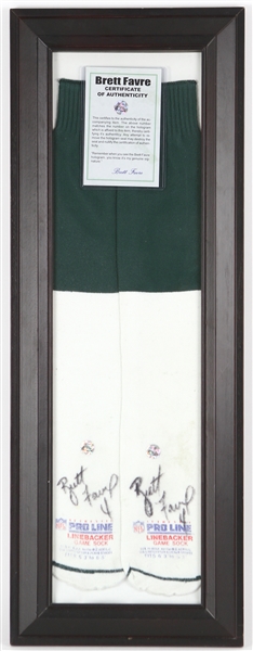 1990s Brett Favre Green Bay Packers 12" x 33" Framed Signed Game Worn Socks (MEARS LOA/Favre COA)