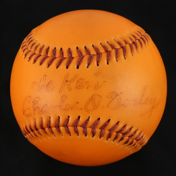 1985 Charlie Finley Oakland Athletics Signed Orange Charlie Finley Baseball (JSA)