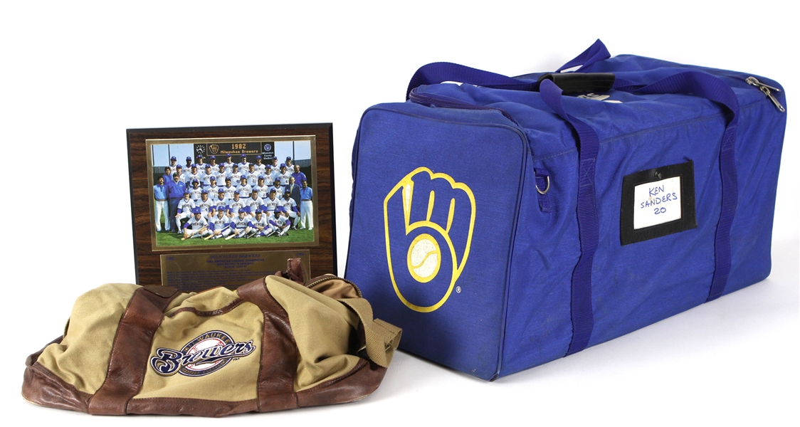 1980s-2000s Milwaukee Brewers Memorabilia Collection - Lot of 3 w/ Bags & 1982 AL Champions 12" x 12" Display (Ken Sanders Collection)                             