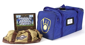 1980s-2000s Milwaukee Brewers Memorabilia Collection - Lot of 3 w/ Bags & 1982 AL Champions 12" x 12" Display (Ken Sanders Collection)                             