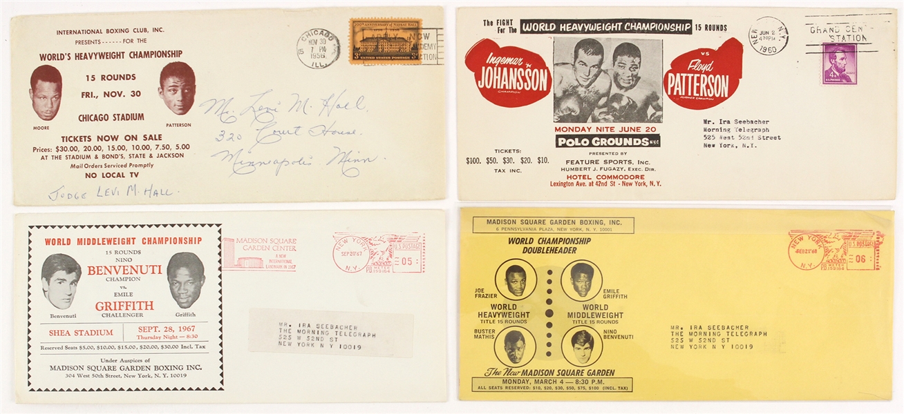 1956-68 World Championship Boxing Bouts Envelope Collection - Lot of 4 w/ Floyd Patterson, Joe Frazier, Nino Benvenuti & More 