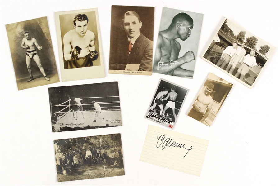1920-60s Boxing Photo Postcard Exhibit Card Collection - Lot of 10 w/ Jake LaMotta Signed Trading Card, Max Schmeling Signed Index Card & More (JSA)