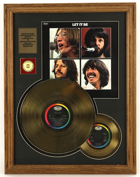 1970s The Beatles Let It Be 21" x 28" Framed Gold Plated Record Display