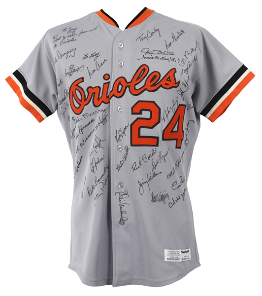 1986 Rick Dempsey Baltimore Orioles Game Worn Team Signed Road Jersey w/ 39 Signatures Including Cal Ripken Jr, Eddie Murray, Frank Robinson, Earl Weaver & More (MEARS LOA/JSA)