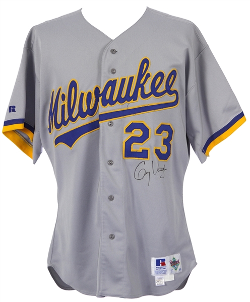1992 Greg Vaughn Milwaukee Brewers Signed Game Worn Road Jersey (MEARS A10/JSA/Team Letter) Wives Auction