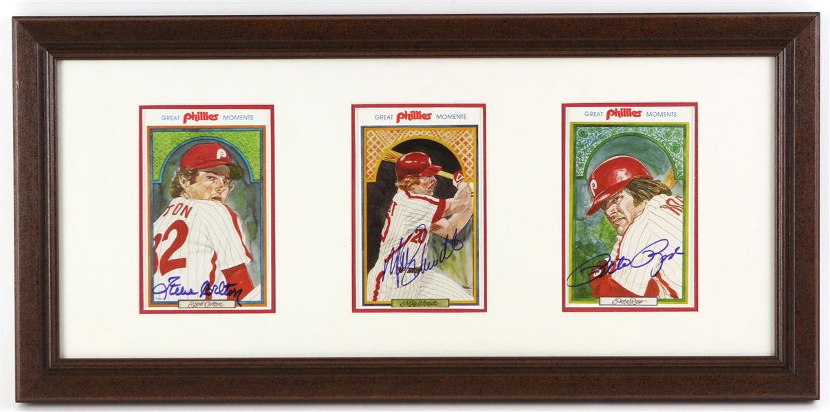 1983 Steve Carlton Mike Schmidt Pete Rose Signed 11" x 21" Framed Great Phillies Moments Postcard Display (JSA)