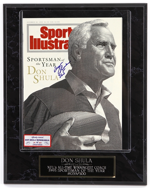 1993 Don Shula Miami Dolphins Signed 12" x 15" Sportsman of the Year Display (JSA) 39/500 