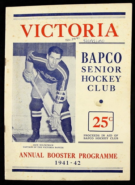 Lot Detail - 1941 (November 28th) Victoria Hockey Program