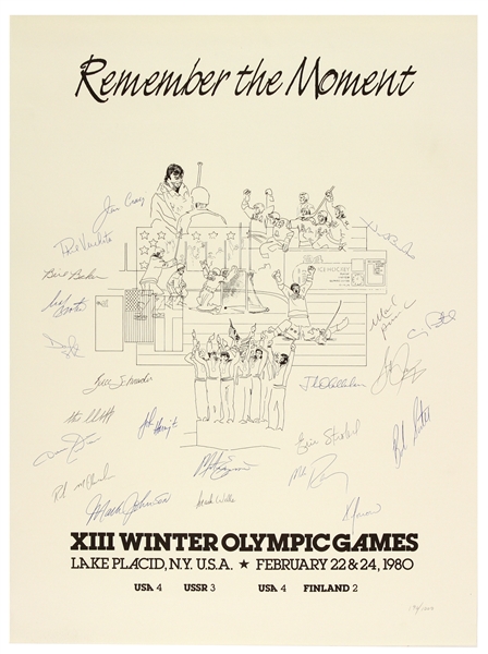  1980 USA Miracle on Ice Olympic Hockey Team Signed 18" x 24" Remember the Moment Poster w/ 22 Signatures  (JSA) 