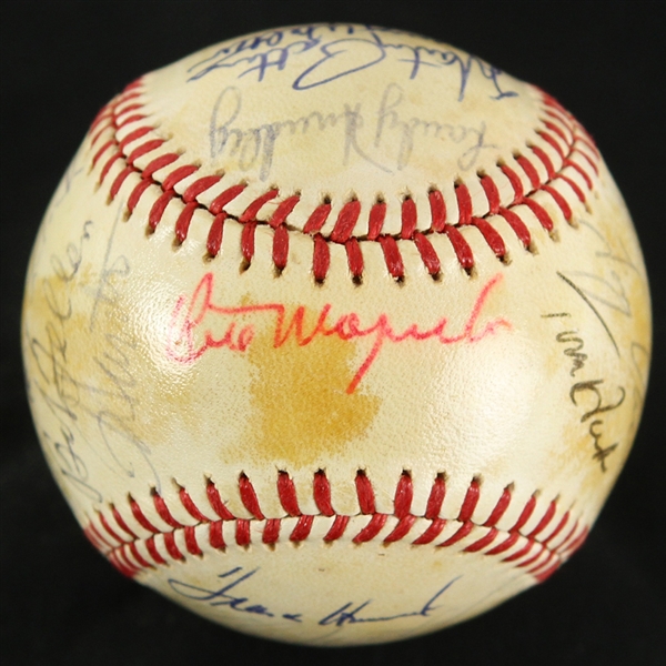 1985 Old Timers Game Multi Signed OAL Brown Baseball w/ 21 Signatures Including Eddie Mathews, Bob Feller, Ron Santo, Harvey Kuenn, Ken Keltner & More (JSA)