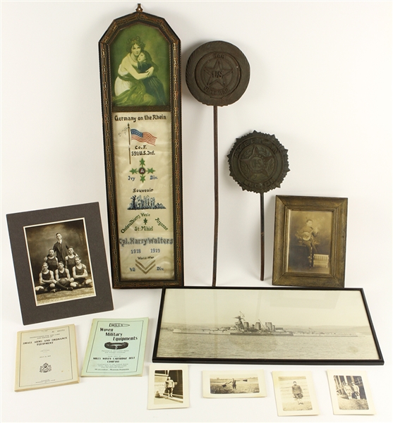 1914-19 World War I Memorabilia Collection - Lot of 12 w/ Framed Items, Yard Markers, Post Cards, Booklets & More