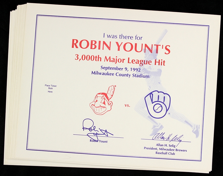 1992 (September 9th) Robin Yount Milwaukee Brewers 3,000 Hit Certificates (17)