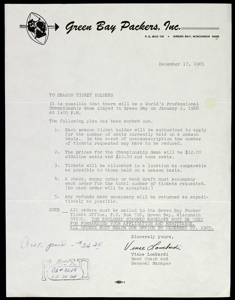 Letter From Vince Lombardi to Season TIcket Holders, Document