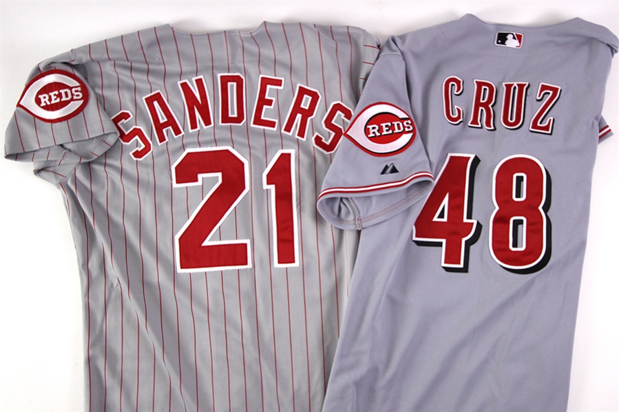 1995-2007 Cincinnati Reds Road Jerseys - Lot of 2 w/ Deion Sanders & Enrique Cruz (MEARS LOA)