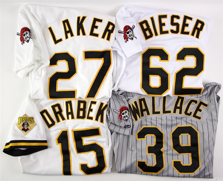 1992-2000 Pittsburgh Pirates Game Worn Jersey Collection - Lot of 4 w/ Doug Drabek, Tim Laker, Steve Bieser & Jeff Wallace (MEARS LOA)