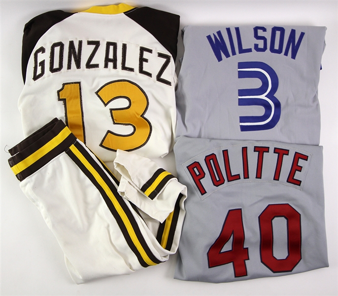 1979-98 Game Worn Jersey Collection - Lot of 3 w/ 1979 Fernando Gonzalez Padres Home Uniform, 1989 Mookie Wilson Blue Jays Road Jersey & 1998 Cliff Politte Cardinals Road Jersey (MEARS LOA) 