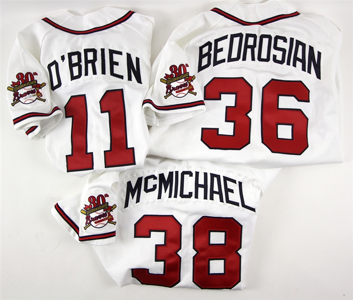 1995 Atlanta Braves Game Worn Home Jersey Collection - Lot of 3 w/ Steve Bedrosian, Greg McMichael & Charlie OBrien (MEARS LOA) World Series Champions Season