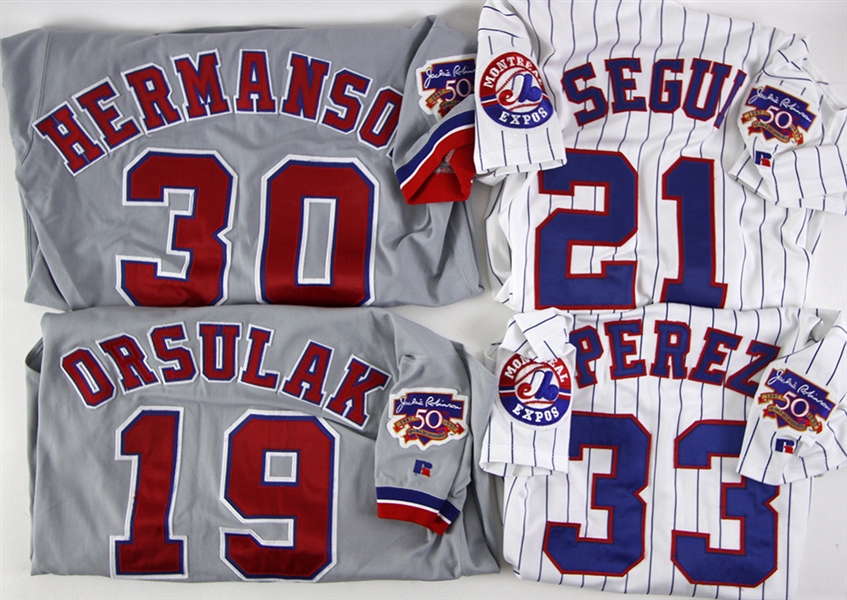 1997 Montreal Expos Game Worn Jerseys - Lot of 4 w/ David Segui, Carlos Perez, Dustin Hermanson & Joe Orsulak (MEARS LOA)