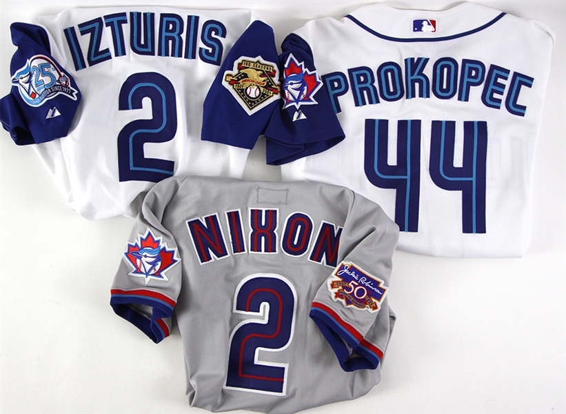 1997-2002 Toronto Blue Jays Game Worn Jersey Collection - Lot of 3 w/ Otis Nizon, Cesar Izturis & Luke Prokopec (MEARS LOA)