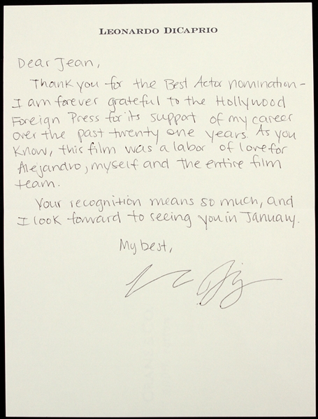 Leonardo Dicaprio 6"x 9" Autographed Letter Secretarial Signed 