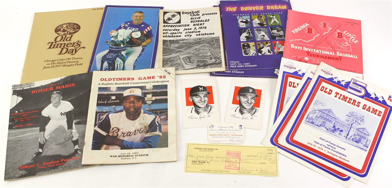 1960s-2000s Warren Spahn Milwaukee/Atlanta Braves Personal Memorabilia Collection - Lot of 16 w/ Signed Check, Old Timers Programs, Salute to Roger Maris program & More (JSA) From Spahn Estate