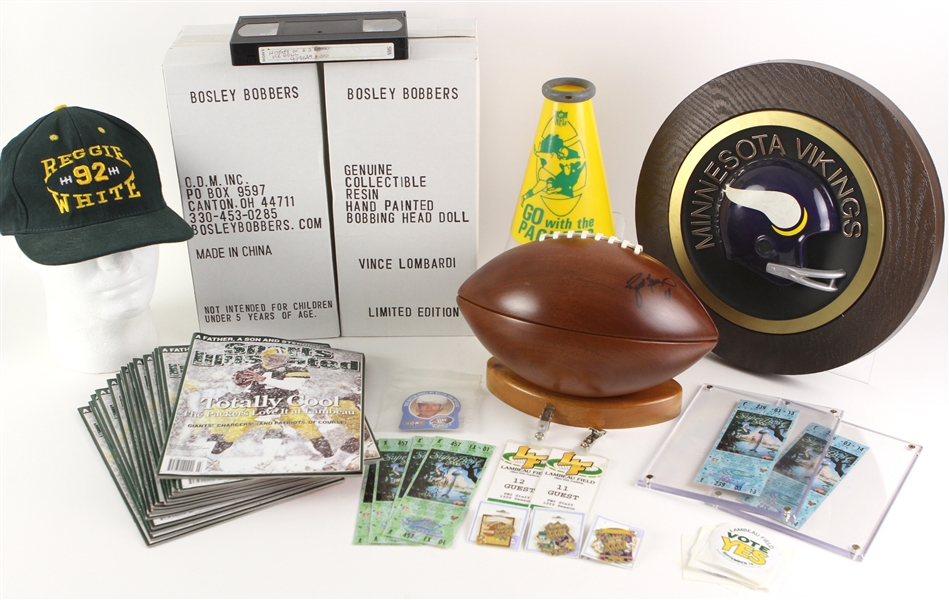 1960s-2000s Green Bay Packers Memorabilia Collection - Lot of 41 w/ Brett Favre Signed Wooden Football, Desmond Howard Signed SBXXXI Full Ticket, MIB Vince Lombardi Bobbles & More (JSA)