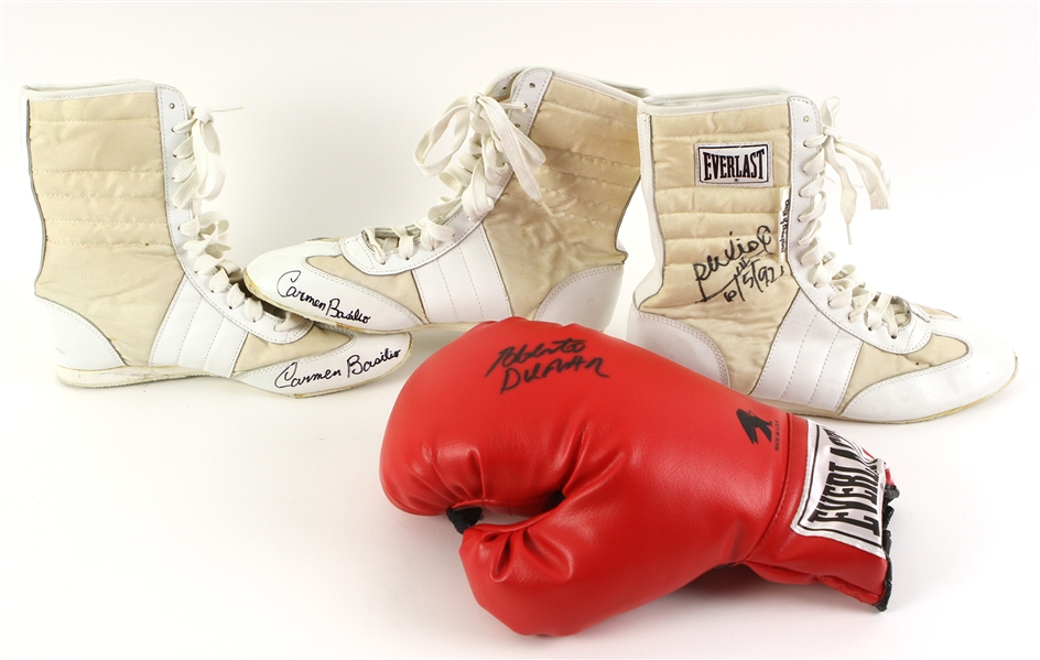 1990s Carmen Basilio Roberto Duran World Champion Boxers Signed Everlast Shoes & Glove (JSA)