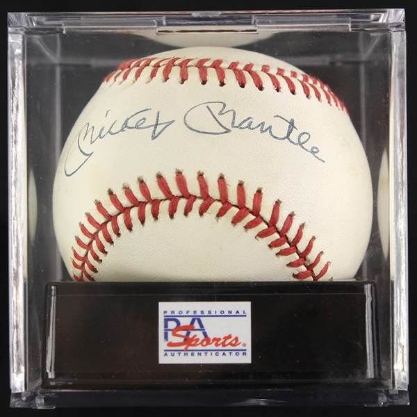 1985-89 Mickey Mantle New York Yankees Signed OAL Brown Baseball (PSA/DNA NM-MT 8)