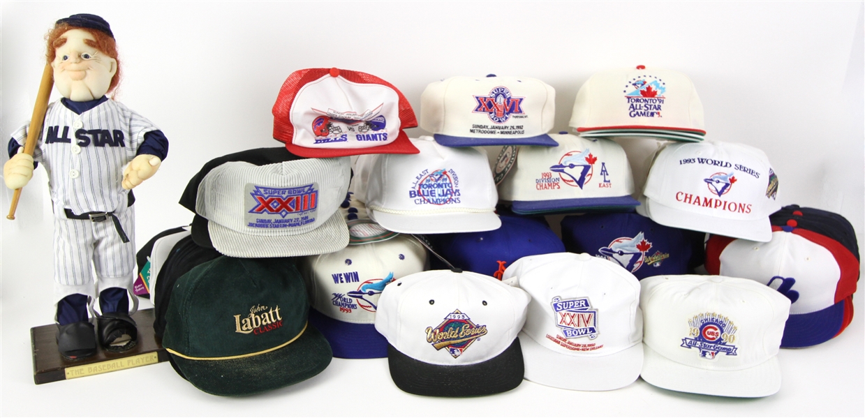 1980s-2000s Sports Memorabilia Collection - Lot of 114 w/ Like New c. 1980s Fitted Baseball Caps, Baseball Card Sets, T Shirts, Blue Jays World Series Items & More