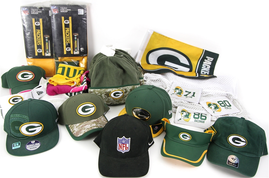 2000s Green Bay Packers Memorabilia Collection - Lot of 27 w/ Josh Sitton Laundry Bag, Hats & More (MEARS LOA)