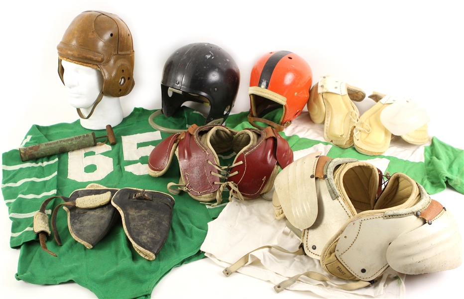 1920s-60s Game Worn Football Apparel - Lot of 11 w/ Jerseys, Helmets, Shoulder Pads & More (MEARS LOA)