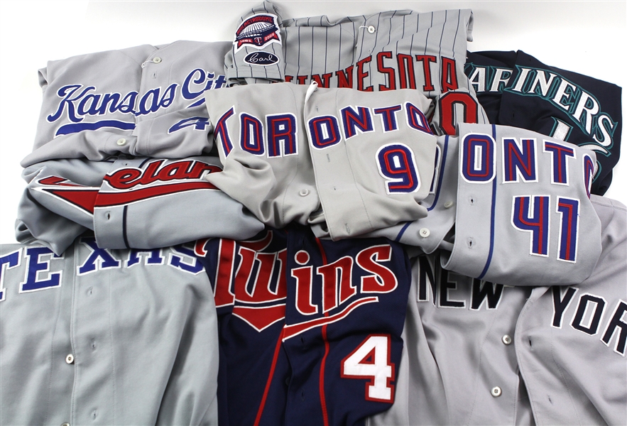 1993-2009 American League Game Worn Jersey Collection - Lot of 9 w/ Kevin Brown Rangers, Steve Howe Yankees, Willie Bloomquist Mariners & More (MEARS LOA)