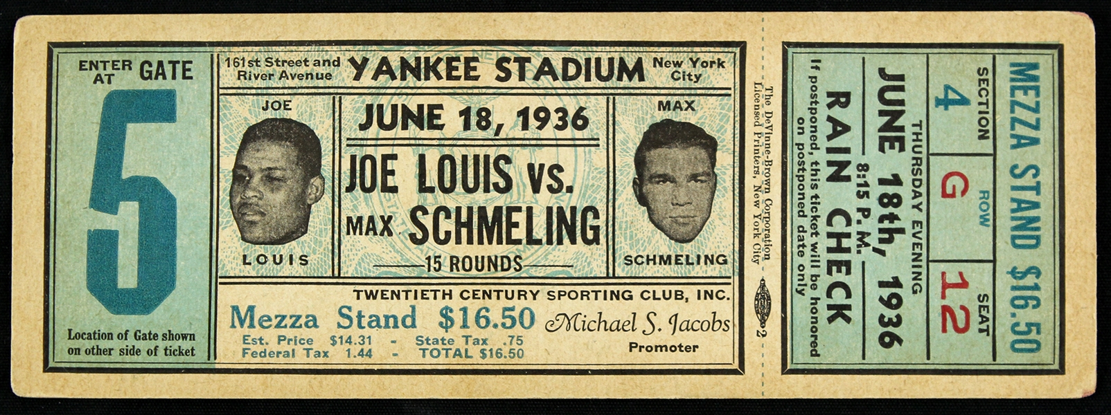 1936 (June 18) Joe Louis Max Schmeling Heavyweight Bout Yankee Stadium Full Ticket