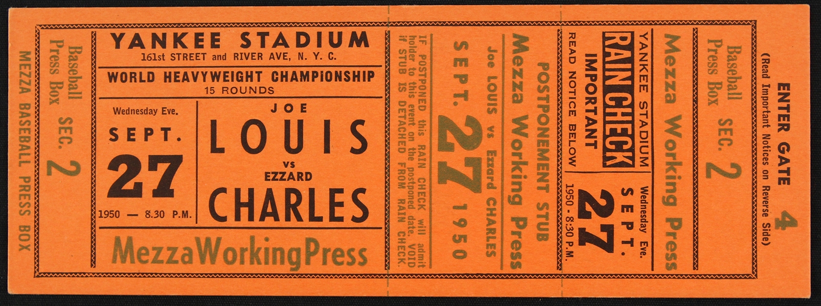 1950 (September 27) Joe Louis Ezzard Charles World Heavyweight Championship Title Bout Mezza Working Press Full Ticket