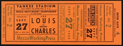 1950 (September 27) Joe Louis Ezzard Charles World Heavyweight Championship Title Bout Mezza Working Press Full Ticket