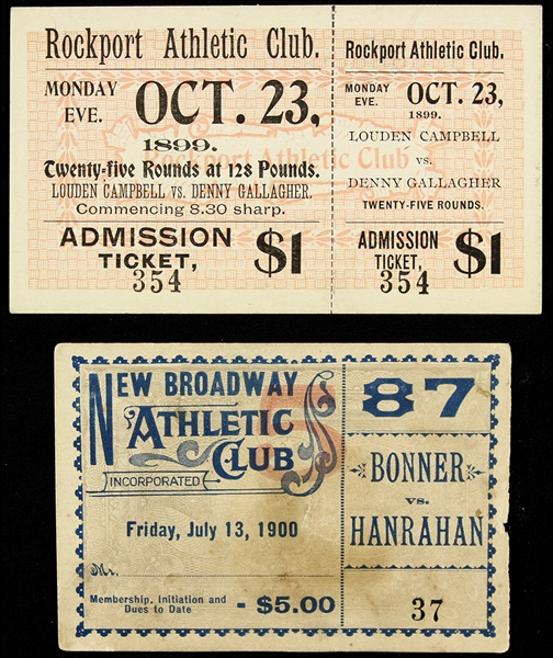 1899-1900 Rockport Athletic Club & New Broadway Athletic Club Boxing Tickets - Lot of 2 w/ Louden Campbell, Denny Gallagher, Jack Bonner & Wild Bill Hanrahan