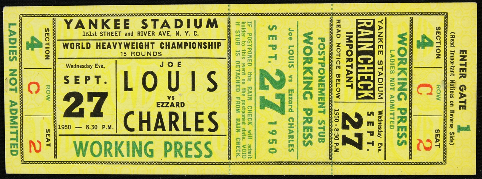 1950 (September 27) Joe Louis Ezzard Charles World Heavyweight Championship Title Bout Working Press Full Ticket