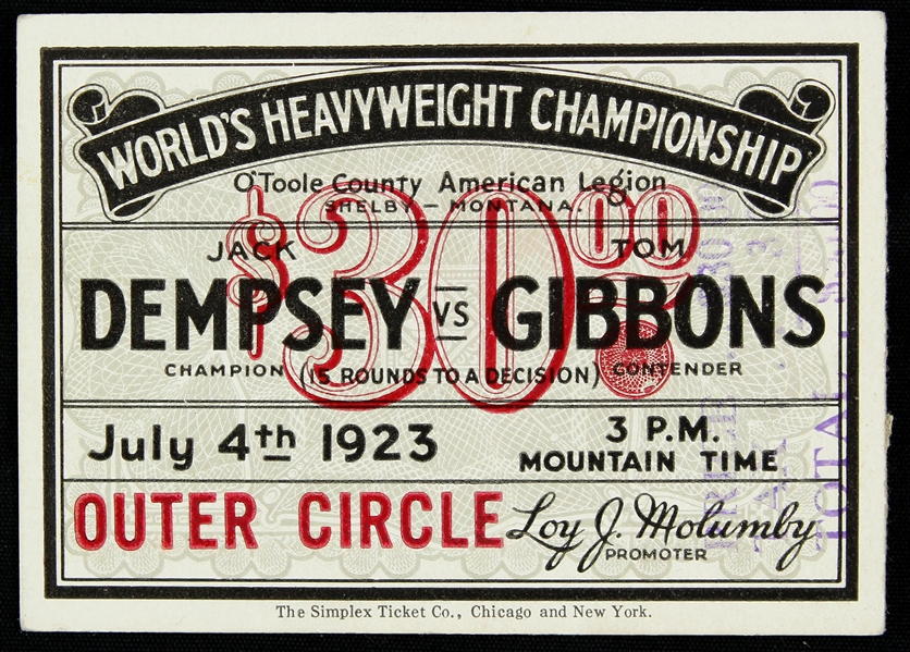 1923 (July 4th) Jack Dempsey Tom Gibbons World Heavyweight Championship Title Bout Ticket Stub