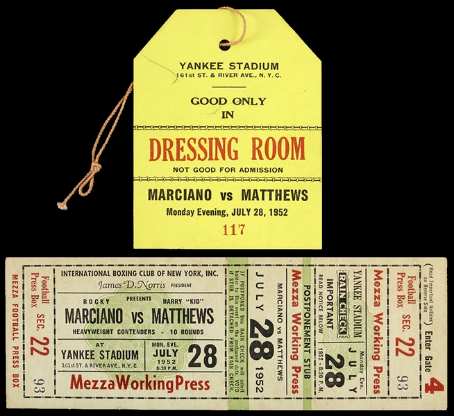 1952 (July 28) Rocky Marciano Harry Matthews Heavyweight Bout Yankee Stadium Mezza Working Press Full Ticket & Dressing Room Pass - Lot of 2