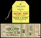 1952 (July 28) Rocky Marciano Harry Matthews Heavyweight Bout Yankee Stadium Mezza Working Press Full Ticket & Dressing Room Pass - Lot of 2