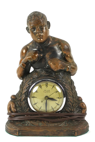 1940s Joe Louis "Brown Bomber" Heavyweight Champion 13" Pot Metal Bronze United Self Starting Figural Clock