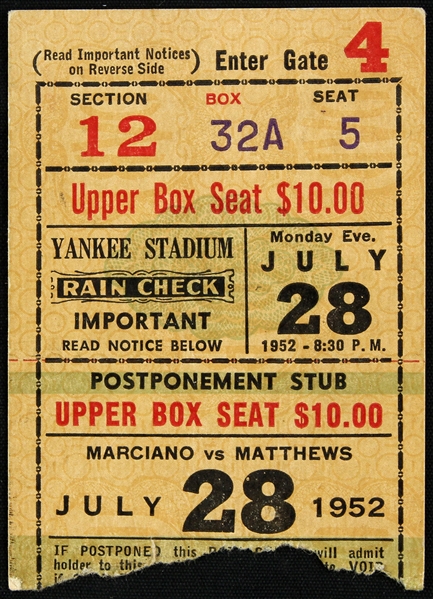 1952 (July 28) Rocky Marciano Harry Matthews Heavyweight Bout Yankee Stadium Ticket Stub