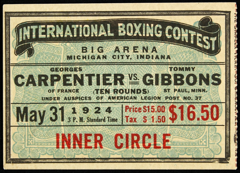 1924 (May 31) Georges Carpentier Tommy Gibbons Inner Circle Ticket Stub